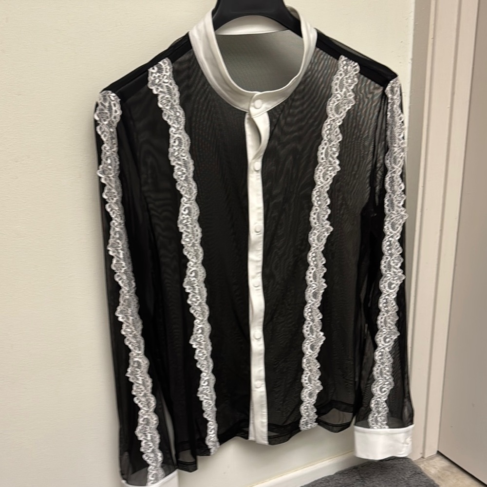 Elegant sheer Black and White French Lace Mens Top New